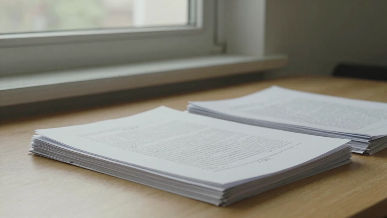 Editorial documentary photograph, soft window light, a stack of printed research papers with handwritten margin notes on