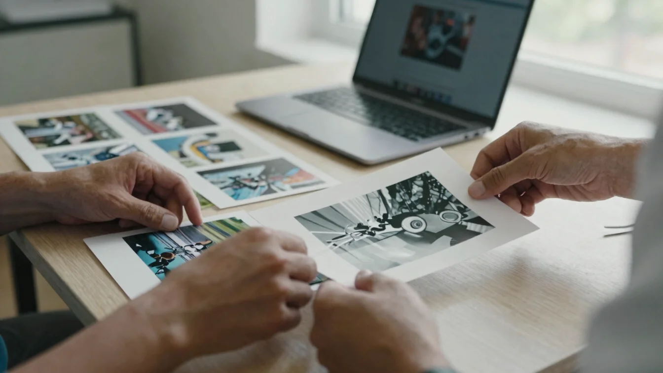 Editorial documentary photograph, soft natural light, close detail of a researcher's hands arranging printed photographs