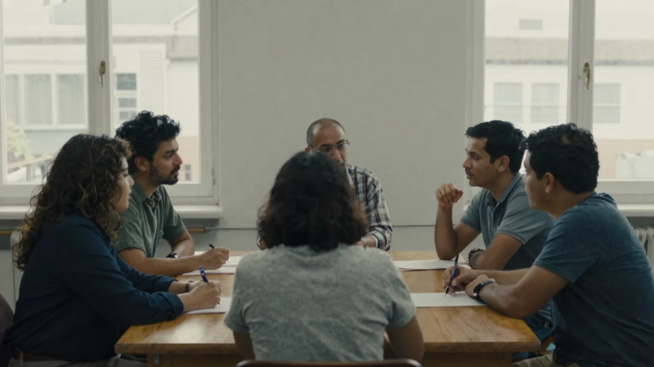 Editorial documentary photograph, small group of people in conversation around a wooden table in soft window light, cand