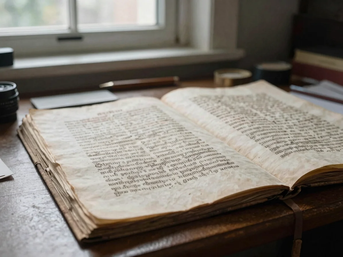 Close view of an aged archival manuscript page on a reading desk,
