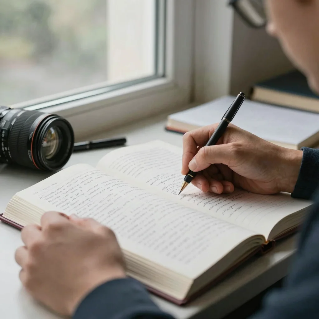 Close detail of hands writing notes beside an open book, soft window light, 35mm lens, honest un-staged feel