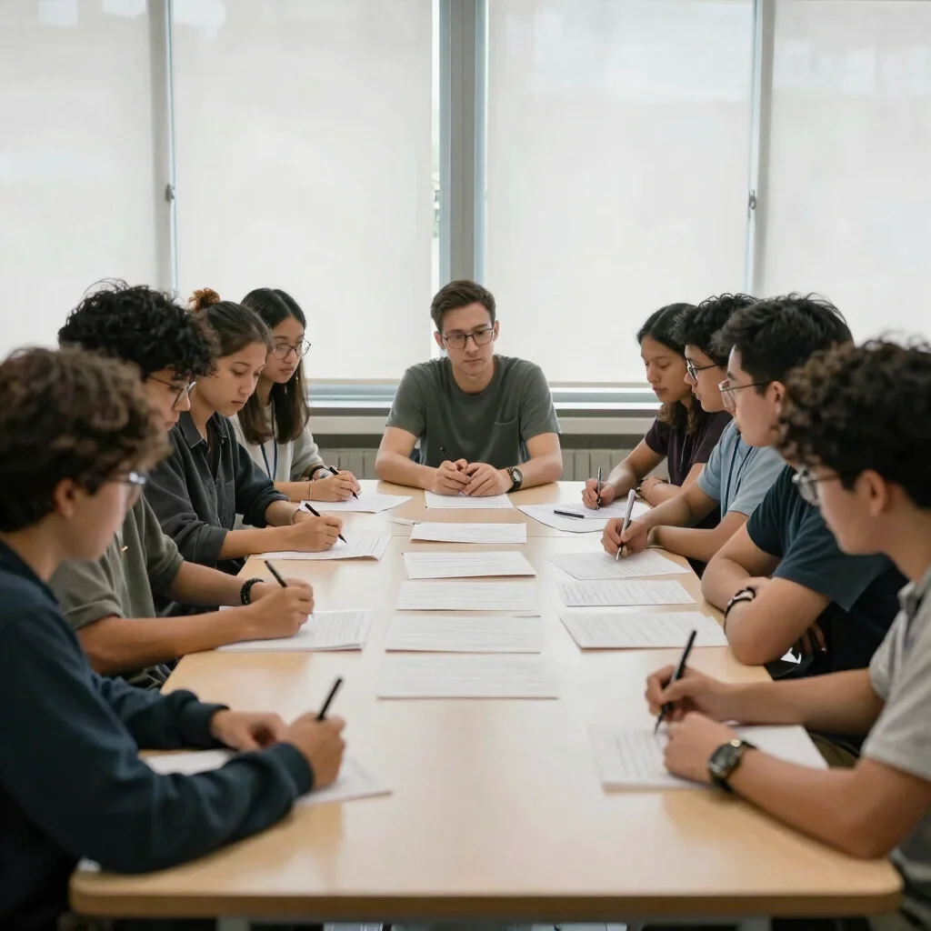 Small group academic discussion around a table with papers spread out, wide environmental view, soft natural light