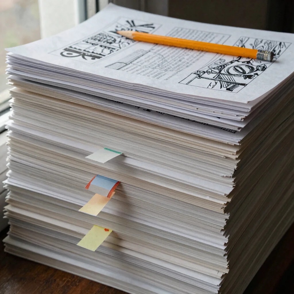Stack of printed articles with bookmarks and a pencil, close detail, restrained ink-and-paper tones