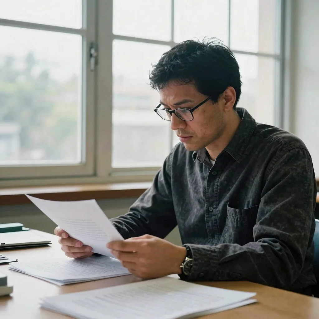 Scholar reviewing a manuscript beside a window, soft natural light, candid institutional detail