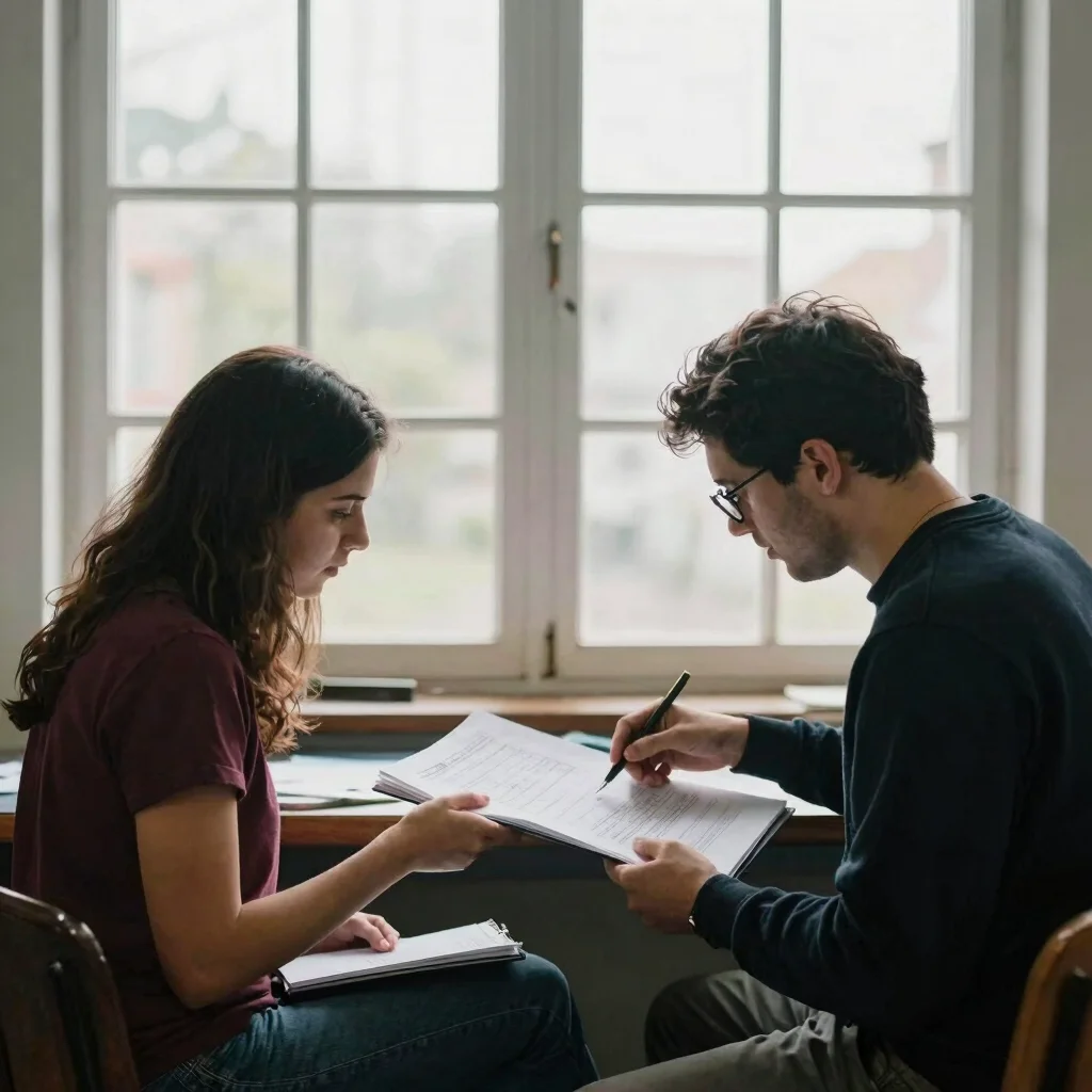 Two colleagues comparing notes over a printed chart, wide framing, soft window light, documentary style