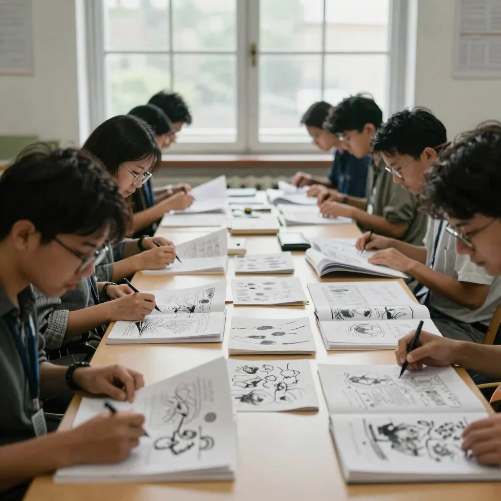 Researchers reading and annotating printed pages at a long table, soft natural window light, candid editorial documentar